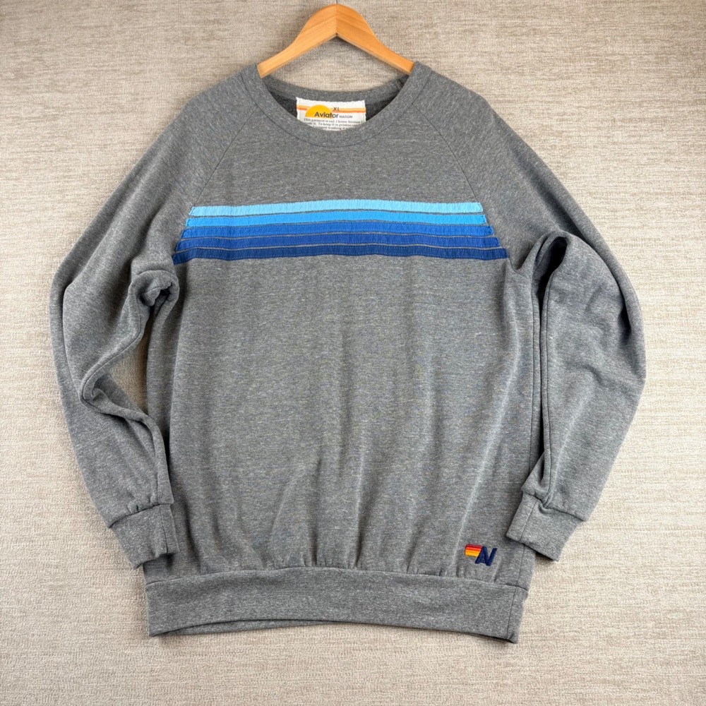 Aviator Nation 5 Stripe Crew Sweatshirt Heather Gray Blue Crewneck XL